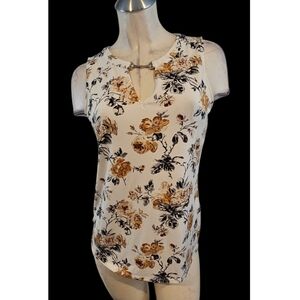 White House Black Market Sz S Floral Sleeveless Top White Gray Brown Equestrian